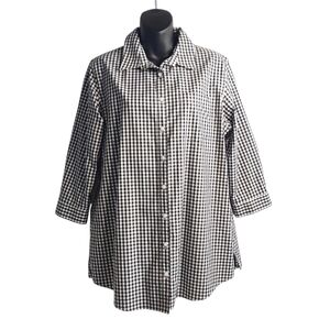 Lands' End Women's Black White Plaid Tunic Button Up Shirt Sz 12